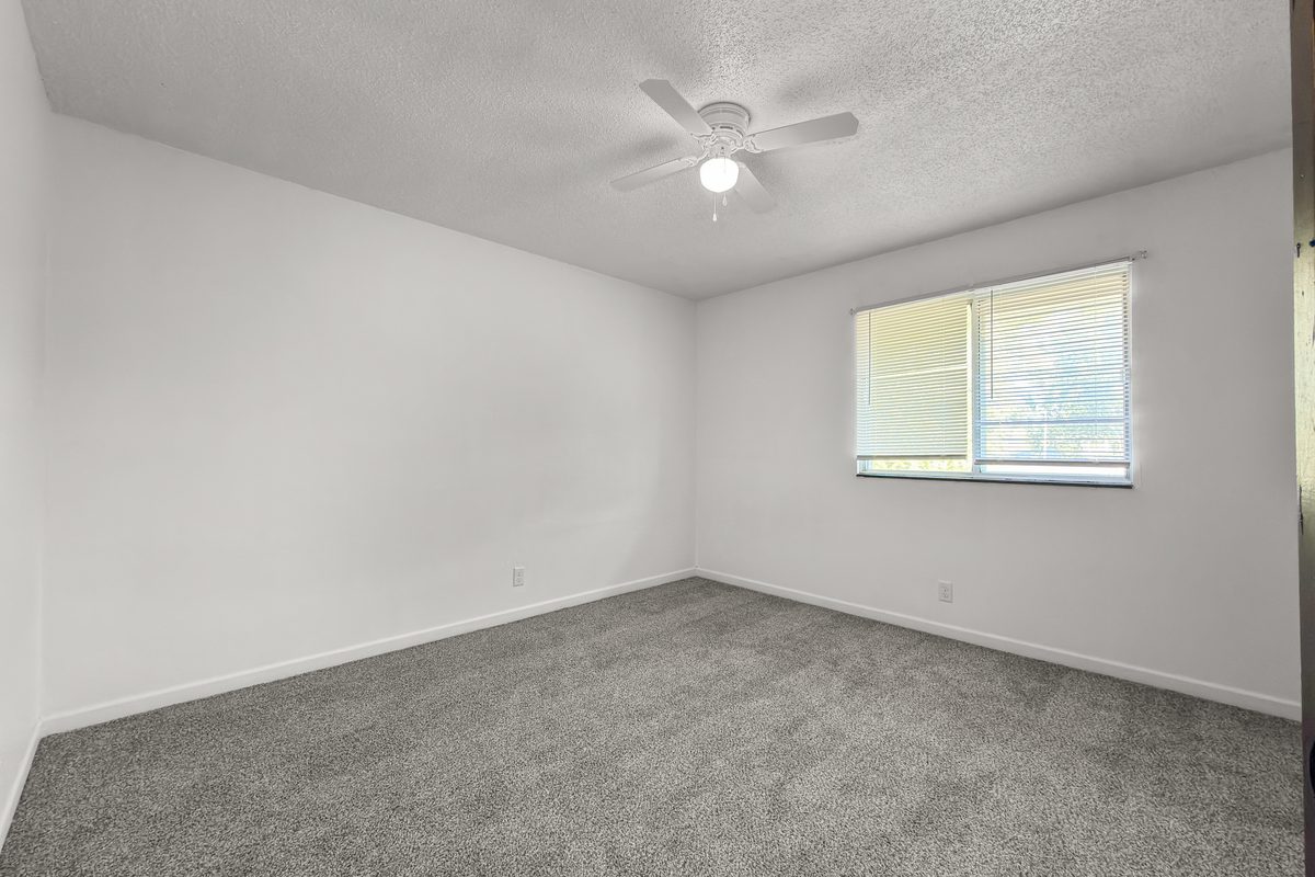 A carpeted bedroom with a ceiling fan and a window with blinds.